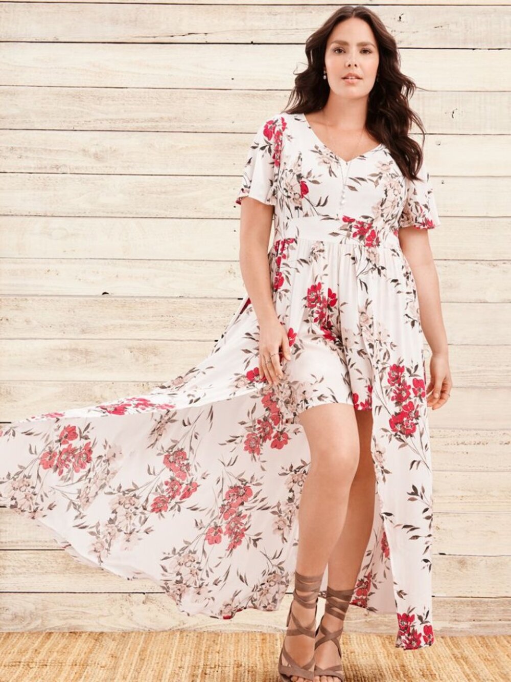 Torrid Floral Romper Dress 18 White High Low Duster Overlay Boho